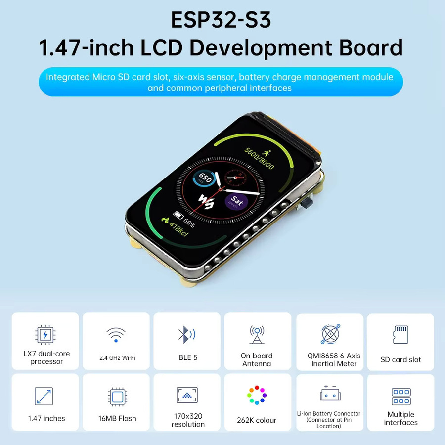 diymore ESP32-S3 LCD-Bildschirm mit 1,47 Zoll Display, 172x320 Pixel, RGB-Farbe, Schwarz, unterstützt WLAN und Bluetooth - Bild 2