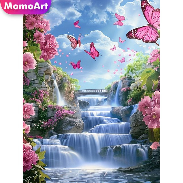 Momoart Diamant Mosaik DIY Set Wasserfall Landschaft und Blumen als runde Stickerei in Multicolour, B/T/H: 30,0 x 20,0 x 20,0 cm - Bild 1