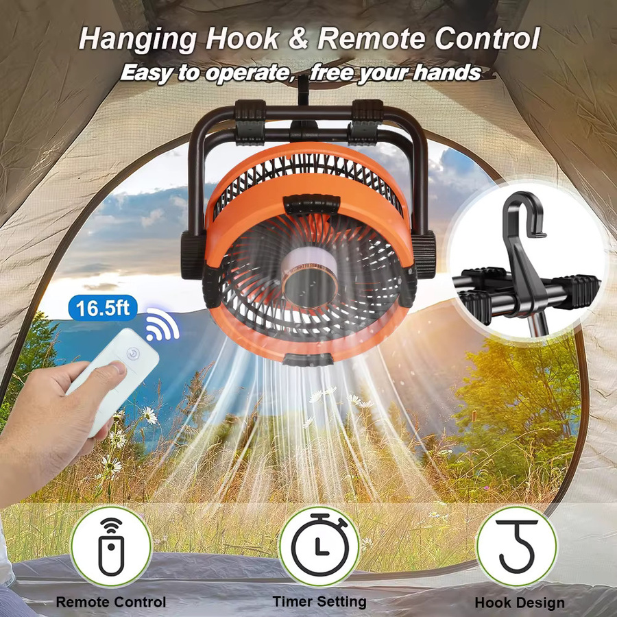 Raugee Camping Ventilator mit 20000mAh Akku, tragbarer Outdoor-Deckenventilator mit Licht und Haken, wiederaufladbar, Grau/Orange - Bild 2