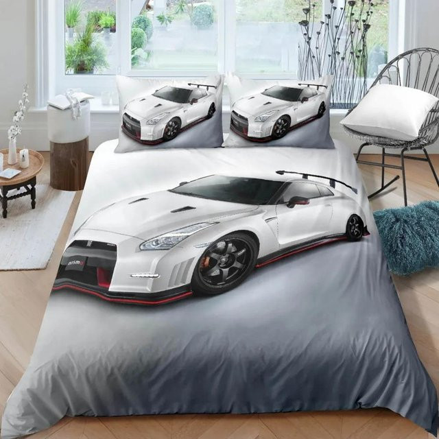 Sportwagen Bettwäsche Set Schwarz Weiß mit Rennrad Motiv aus Polyester für Jugendliche, Bettbezug und Kissenbezug, B: 140 cm, H: 210 cm - Bild 1