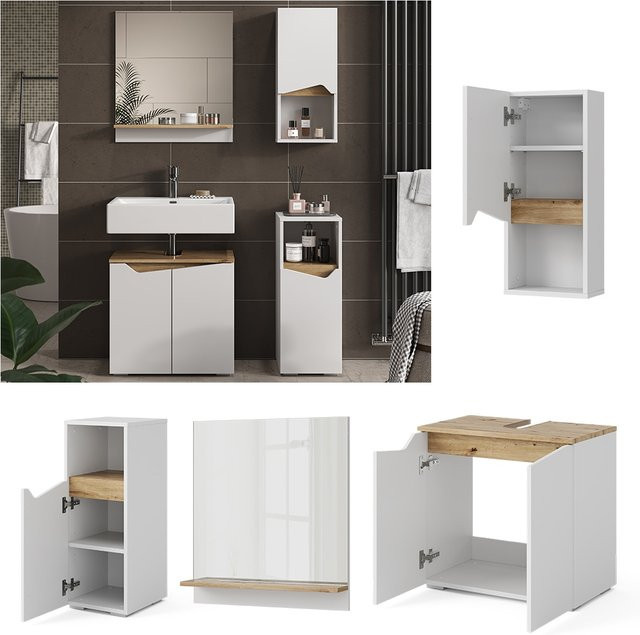 Vicco Badmöbel-Set Marelle in Weiß mit Artisan-Eiche, 4-teiliges Badezimmer-Set bestehend aus Waschtischunterschrank, Badspiegel, Midischrank und Hängeschrank - Bild 1