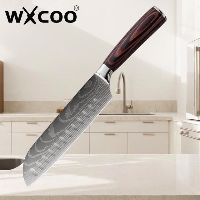 WXCOO Santokusmesser aus Edelstahl mit Damaskus-Muster, 17,78 cm, Silber - Bild 1
