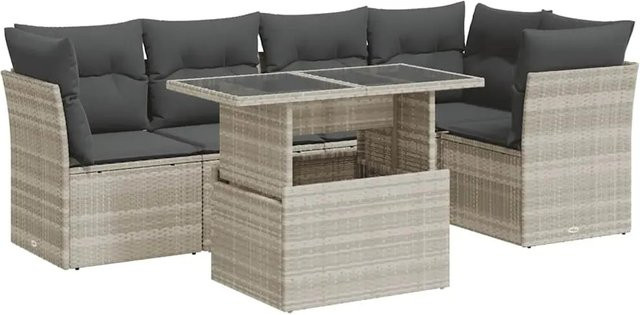 vidaXL 6-teilige Garten-Sofagarnitur in L-Form aus Poly-Rattan in Hellgrau mit Kissen und Stauraum - Bild 1