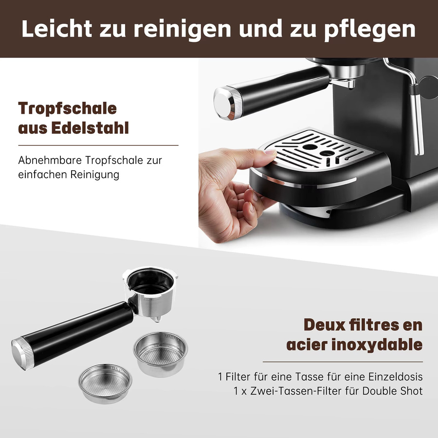 SNDOAS Espresso-Kaffeemaschine in Schwarz aus Edelstahl mit 1100 W, 15 Bar und abnehmbarem 1,2 l Wassertank - Bild 6