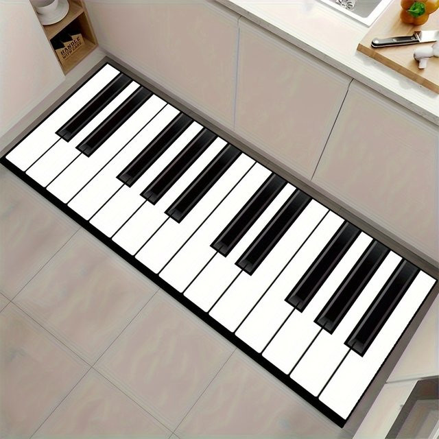 VIKAMA Teppich mit Klaviertasten-Musikmotiv in Weiß, langer Flurteppich für Flur und Eingangsbereich, schmutzabweisend und pflegeleicht - Bild 1