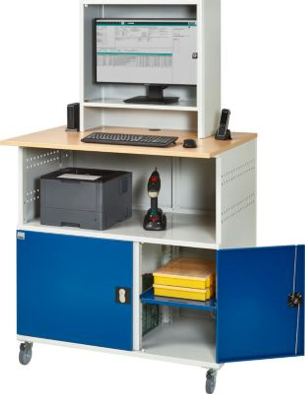RAU Computer-Station Typ 1023 mit Monitorfach und Rollensatz, BucheDekor und Stahl, B: 110 cm, T: 80 cm, H: 110 cm bis 181 cm - Bild 2