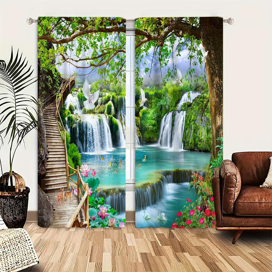 Yiran Furniture Dekorative Vorhänge Naturlandschaft 3D-Druck, 2er-Set Halbverdunkelungsvorhänge aus Polyester, Mehrfarbig, Breite: 75 cm, Höhe: 166 cm - Bild 3