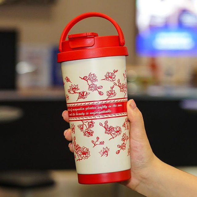 Yiran Furniture Thermoskanne Maiglöckchen aus Edelstahl mit Griff und Begleitkaffeetasse, tragbarer Wasserbecher für Damen, 500 ml, Weiß, Pink, Blau, Rot - Bild 1
