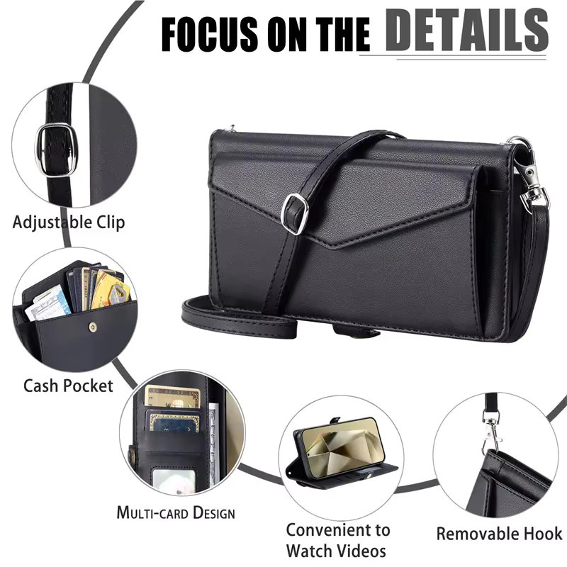 Xiaomi Crossbody Leder Handyhülle mit Brieftasche und Kartenfach in Pink für Xiaomi 14T 13T 12T 11T 10T Mi Poco X7 F7 M7 X6 X5 F6 F5 M6 Pro C75 Flip - Bild 2