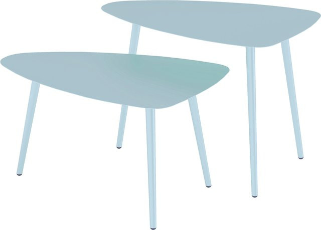 Outsunny Set mit 2 Garten-Couchtischen, nestbare dreieckige Beistelltische aus Stahl mit verstellbaren Gleitern, Hellblau, Aosom - Bild 1