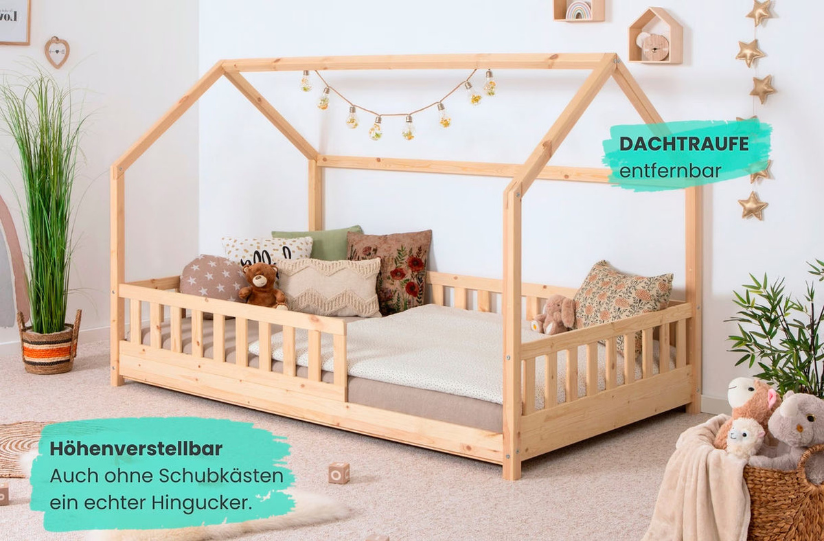 TICAA Kinderbett Hausbett Kay aus massivem Kiefer mit Schubkästen, Farbe Natur, B/T/H: 160 x 80 x 134 cm - Bild 3