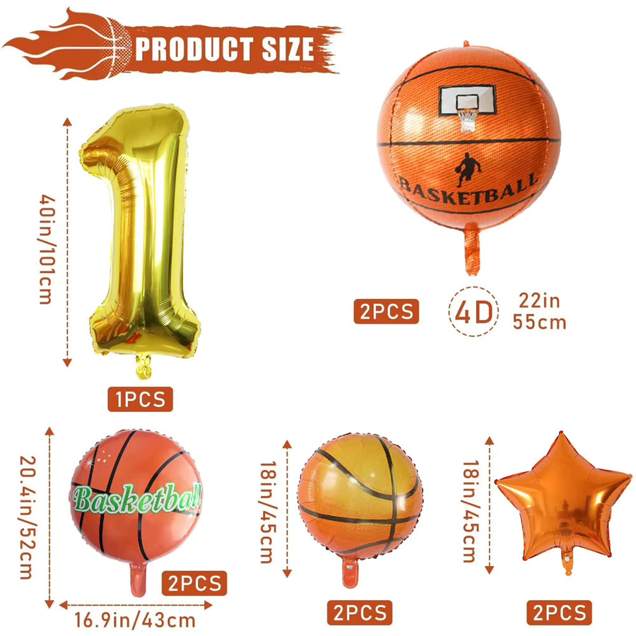 YAYB 9er Set Basketball Luftballons aus Aluminiumfolie in Orange für Sport- und Geburtstagspartys - Bild 2