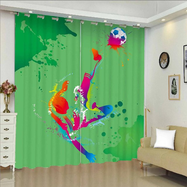 Yiran Furniture Fußball Vorhänge für Kinderzimmer und Wohnzimmer mit Ballmuster, 2er Set, Grün, Breite: 50 cm, Höhe: 130 cm - Bild 1