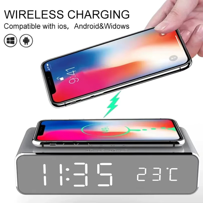 VIKEFON Kabelloses Desktop-Ladegerät mit Wecker, LED-Digitalthermometer und Schnellladestation für iPhone und Samsung, Schwarz - Bild 4