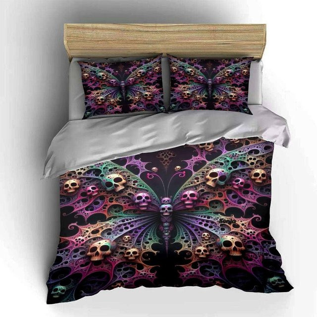 Bettwäsche Set Flylo mit Totenkopf und Schmetterling Design, inklusive Bettbezug und 2 Kissenbezügen, B/B/H: 135 x 200 cm - Bild 1