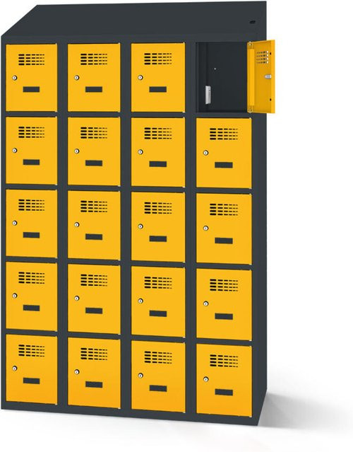 rotstahl Fächerschrank mit Ladefunktion und 20 Fächern in Gelb mit anthrazitgrauem Korpus, B: 120 cm, H: 200 cm - Bild 1