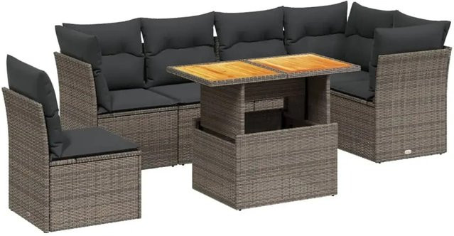 vidaXL 7-teilige Garten-Sofagarnitur in Grau aus Poly-Rattan mit Kissen und Akazienholz - Bild 1