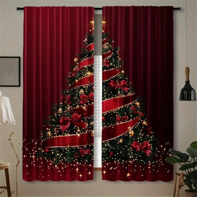 2-teiliges Set Weihnachtsvorhänge von Yiran Furniture mit Weihnachtsmann-Motiv in Rot, halbtransparent, Polyester, Breite: 110 cm, Höhe: 214 cm - Bild 1