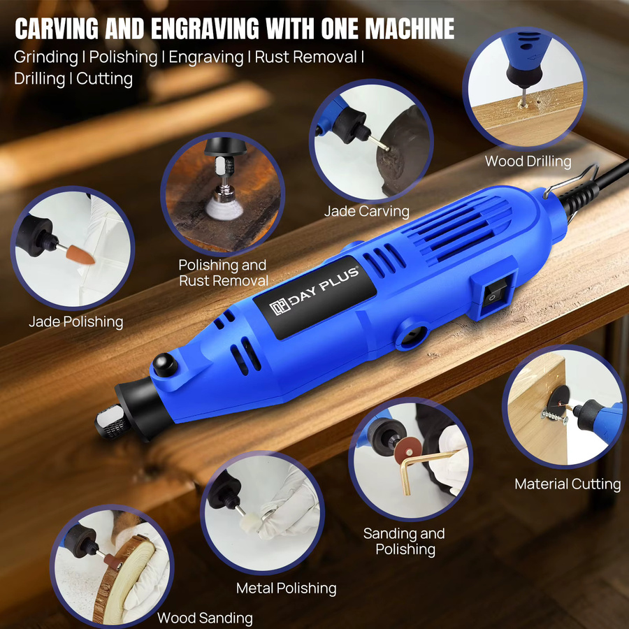 DayPlus Mini-Elektroschleifer Rotationswerkzeug in Blau mit 135 W Leistung, variable Geschwindigkeit 10000–32000 U/min und 252-teiligem Zubehörset für Holz, Metall und Bastelarbeiten - Bild 3