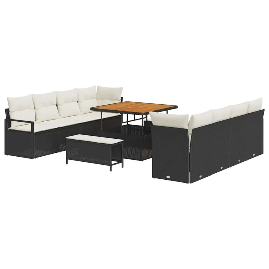 vidaXL 11-teiliges Garten-Sofaset in L-Form aus Polyrattan und Akazie mit Kissen in Schwarz und Weiß - Bild 2