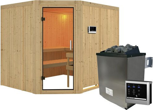 Karibu Sauna Haaspsalu für 4 Personen in Beige mit 9 kW Saunaofen und externer Steuerung aus Fichte - Bild 1