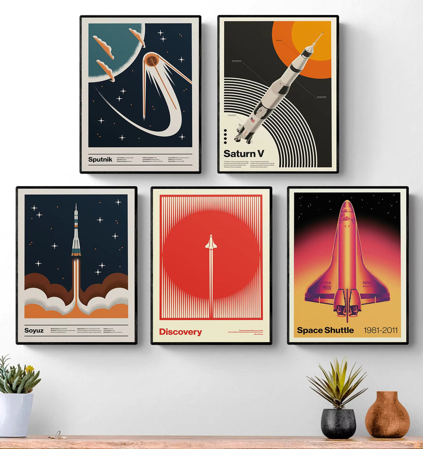 Potdemiel Retro Wandkunst Leinwanddruck mit abstraktem Space Shuttle Sputnik Motiv in Mehrfarbig - Bild 2