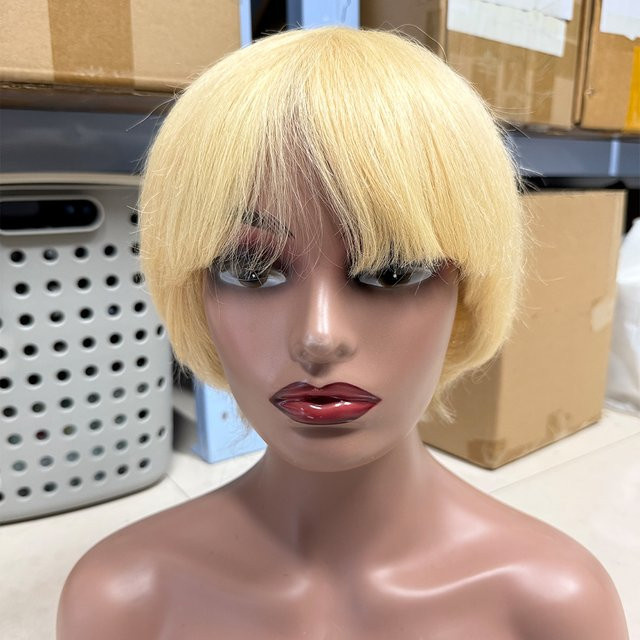 Linhua Bob-Perücke aus Echthaar, blond, gerade, mit Pony, Damen - Bild 1