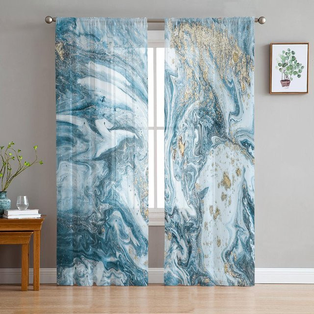 Transparente Voile-Fenstergardinen mit abstraktem Marmor-Design in Blau, Gold und Grau von Your Warm Home, B: 135 cm, H: 114 cm - Bild 1