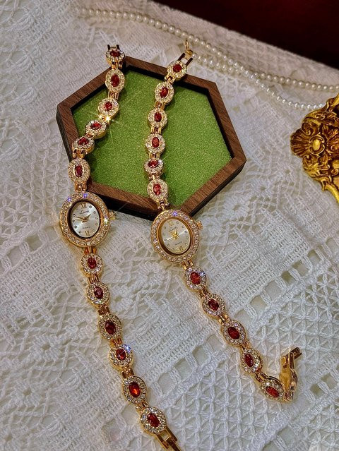 LSVTR Armbanduhr Damen, Quarz, Oval, Diamantbesetzt, Weiß, Gold, Vintage - Bild 1