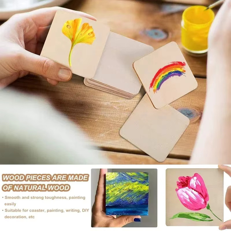 100 Stück quadratische Holzscheiben in Beige, 4–6 cm für Gravur und Schnitzerei - Bild 2