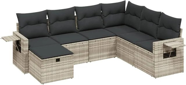 vidaXL 7-tlg. Garten-Sofagarnitur in L-Form aus Poly Rattan mit Kissen in Grau - Bild 1