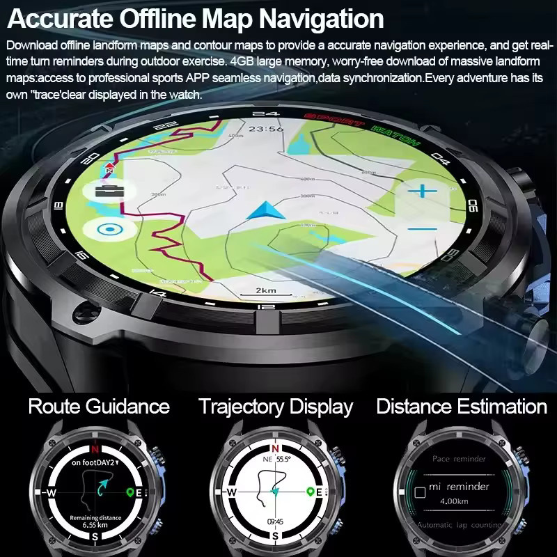 KAVSUMI Smartwatch für Männer mit integriertem GPS, Offline-Karten, 4GB Speicher, HD Corning Gorilla Glas und Bluetooth-Anruffunktion, wasserdicht bis 10ATM, Schwarz - Bild 3