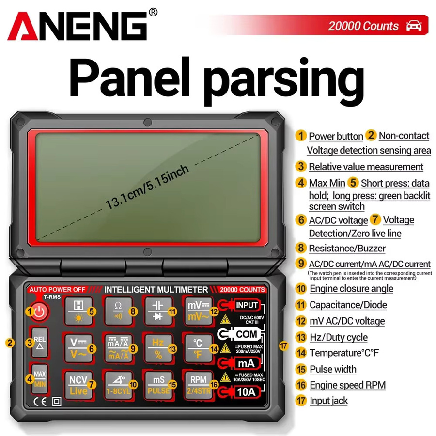 ANENG 623 Digitales Auto-Multimeter in Schwarz für Motordrehzahl, AC/DC Spannung, Strom, Widerstand und Kapazität - Bild 5