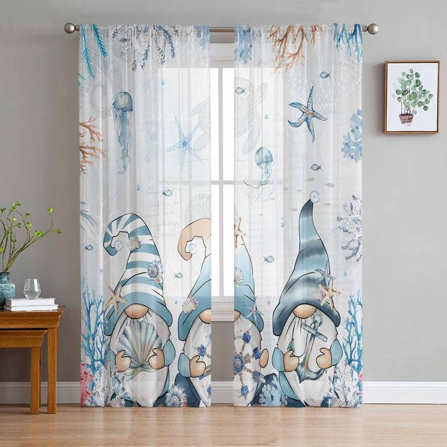 Transparente Tüll-Voile-Vorhänge mit Marine-Motiven wie Seestern, Muschel und Schnecke in Koralle, Breite: 135 cm, Höhe: 115 cm - Bild 1