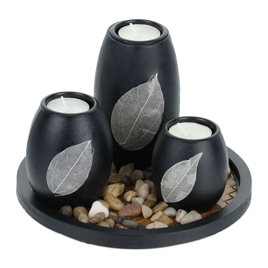 Relaxdays Teelichthalter Set aus MDF in Stein-Optik mit Tablett, Schwarz und Braun, B: 19,5 cm, T: 13,5 cm - Bild 2