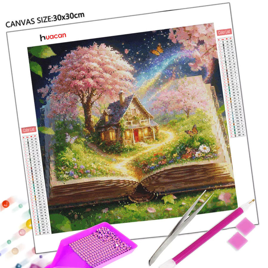Huacan Diamant-Malerei Set Landschaft mit Haus und Baum, Mosaik-Bild mit Strasssteinen in Multicolour, B/H: 20 x 20 cm - Bild 2