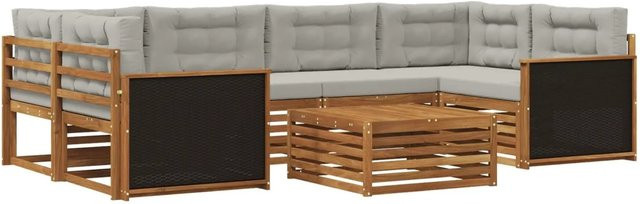 vidaXL Outdoor-Sofagarnitur aus Akazienholz und Polyester, 7-teiliges Set in Natur und Hellgrau - Bild 1