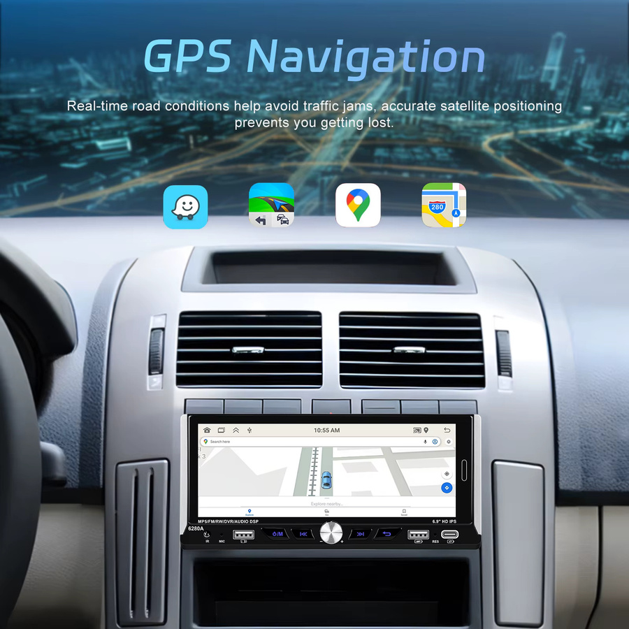 Podofo Android 1 Din Autoradio mit 6,9 Zoll Display, Carplay, Android Auto, GPS Navigation und 64GB Speicher in Schwarz, unterstützt Rückfahrkamera - Bild 4