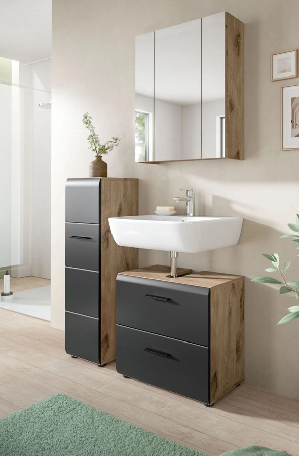 Moderne Badezimmer Kommode in Schwarz und Eiche, Wandmontiert, B: 106 cm, T: 30 cm - Bild 3