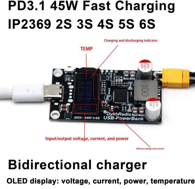 DykbRadio 45W Schnellladegerät Power Bank mit Display, PD3.1 Typ-C bidirektional, für 2S-6S Li-Ion und LiFePO4 Batterien, Schwarz - Bild 1