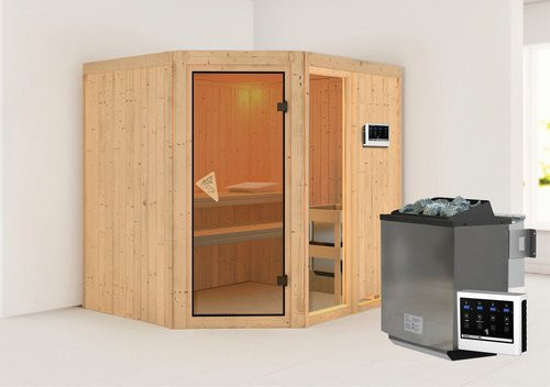 KARIBU Bio-Kombi-Sauna Paide 2 aus Fichtenholz in Beige für 3 Personen inklusive 9 kW Saunaofen mit externer Steuerung, B/T/H: 170 x 198 x 196 cm - Bild 1