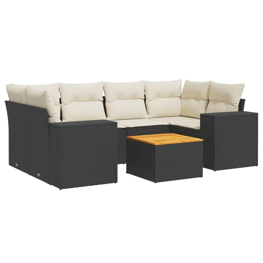 vidaXL 7-tlg Garten-Sofagarnitur aus Poly-Rattan und Akazienholz in Schwarz mit cremeweißen Kissen - Bild 2