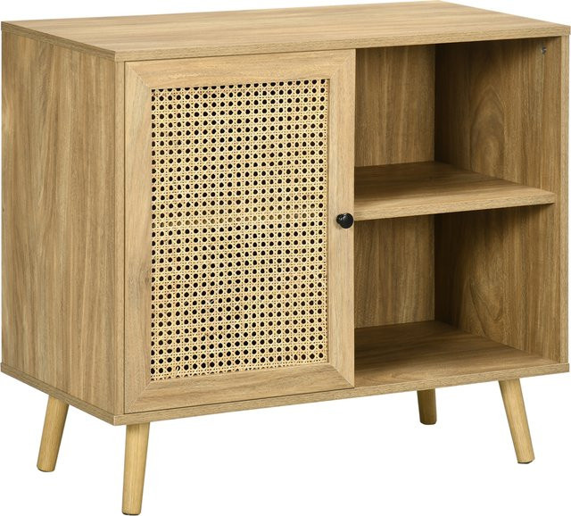 HOMCOM Sideboard Küchenschrank aus Kiefernholz in Natur Kiefer mit Tür und 2 offenen Fächern, Aufbewahrungsschrank mit verstellbarer Ablage und Kippschutz für Wohnzimmer und Küche, B/T/H: 80 x 39 x 70 cm - Bild 1