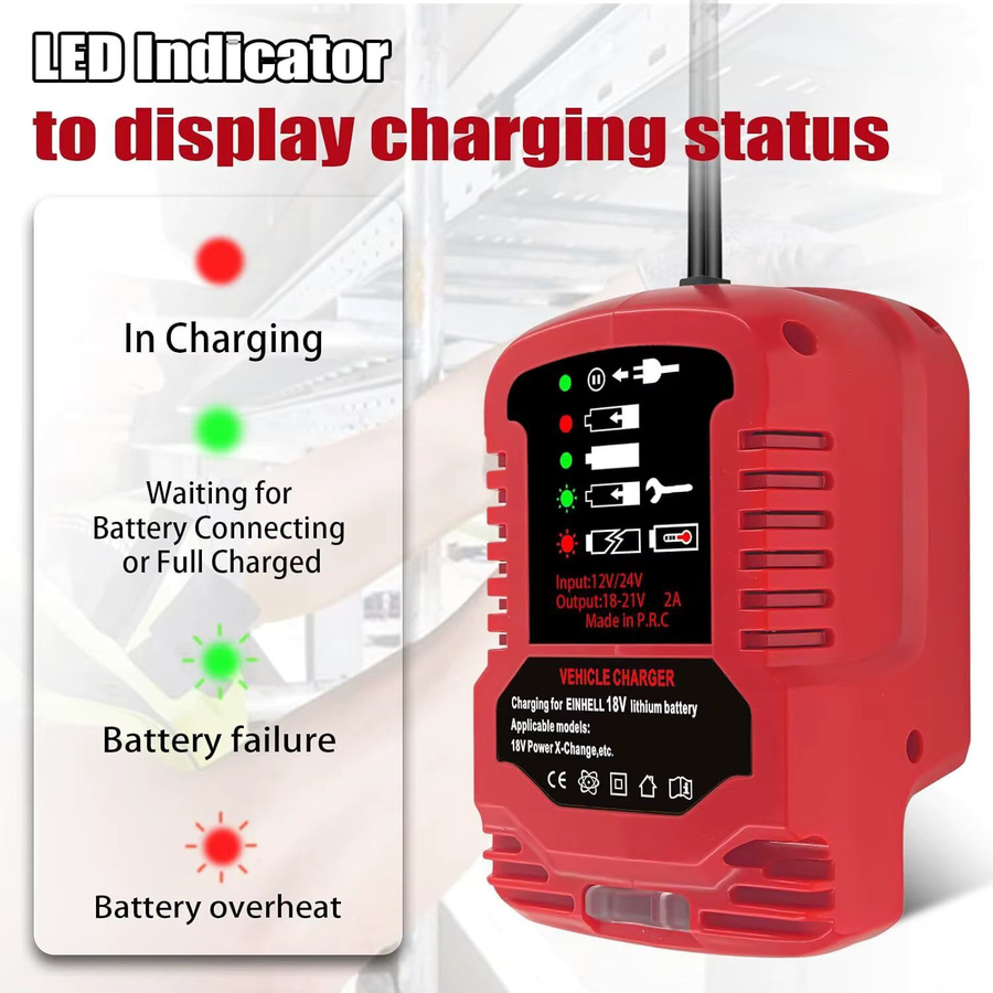 Alasicka Batterieladegerät für 18V Lithium-Ionen-Batterien mit LED-Anzeige und Zigarettenanzünder-Stecker in Rot - Bild 2
