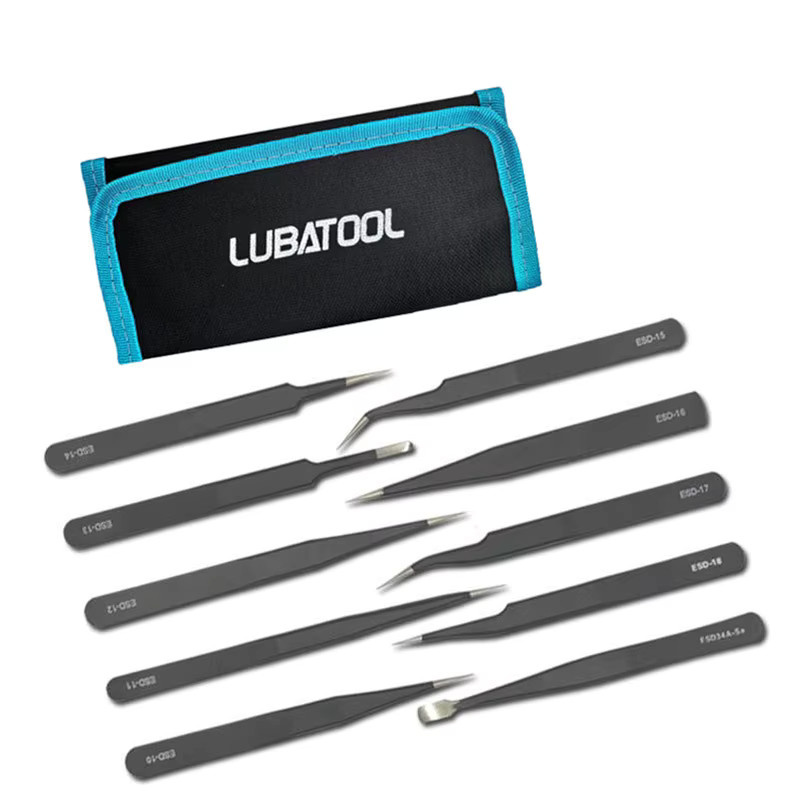 LUBATOOL Präzisionspinzetten-Set aus Edelstahl in Schwarz, 10 Stück, antistatische Pinzetten für die Elektronik- und Handy-Reparatur - Bild 3
