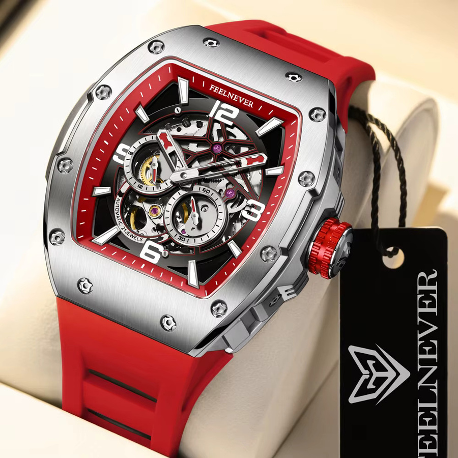 FeelNever Herrenuhr Tonneau, Automatik, Edelstahl, Silikon, Schwarz - Bild 5