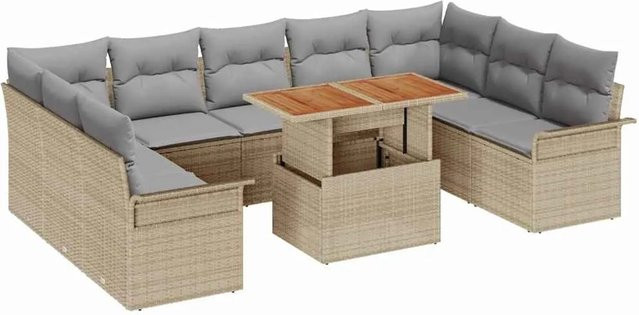 vidaXL Garten-Sofa-Set aus Polyrattan, 10-teiliges Lounge-Set mit Polsterung und integriertem Stauraum, Beige - Bild 1