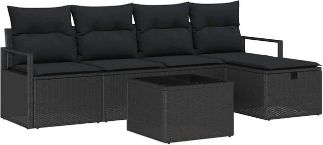vidaXL 6-teiliges Garten-Sofa-Set aus schwarzem Poly-Rattan mit Kissen und Kaffeetisch - Bild 1