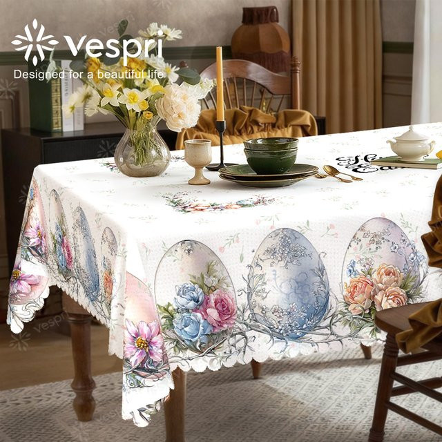 Vespri Oster-Tischdecke aus Polyester mit Blumen- und Eier-Motiv in Weiß und Grün für Party und Festival - Bild 1