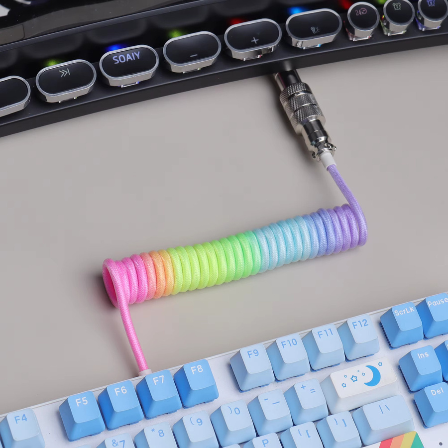 LANO Spiralkabel für Tastatur USB auf Typ-C mit GX16 Aviator-Stecker in Regenbogenfarben - Bild 3